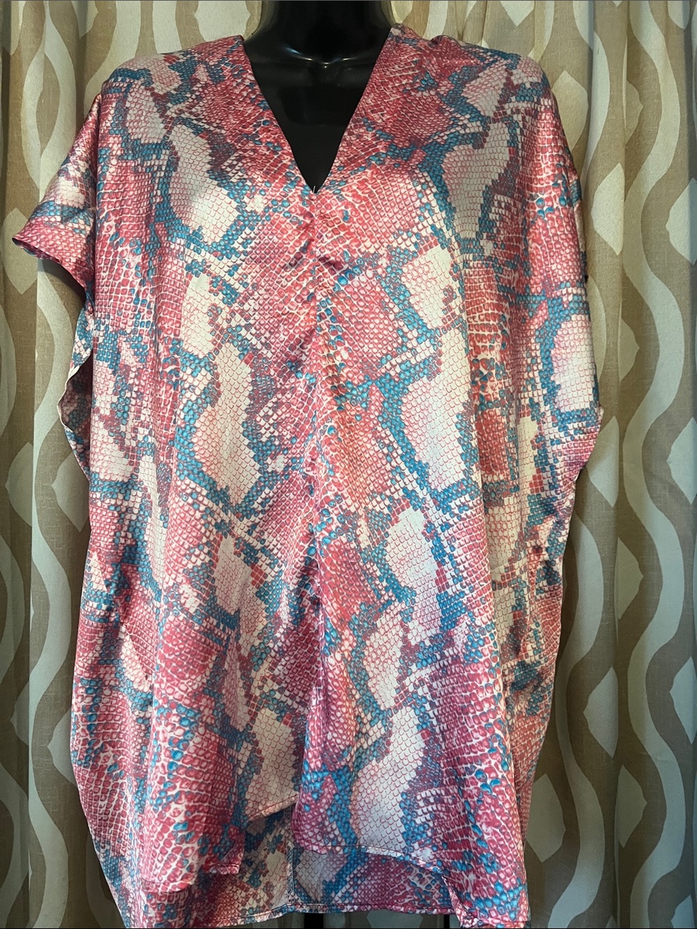 Adrienne Small Pink Blue Snake Print V-Neck Tunic